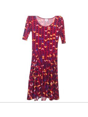 LuLaRoe Dress Size S Red Navy Arrow Print Midi Scoop Neck Fit n Flare Colorful